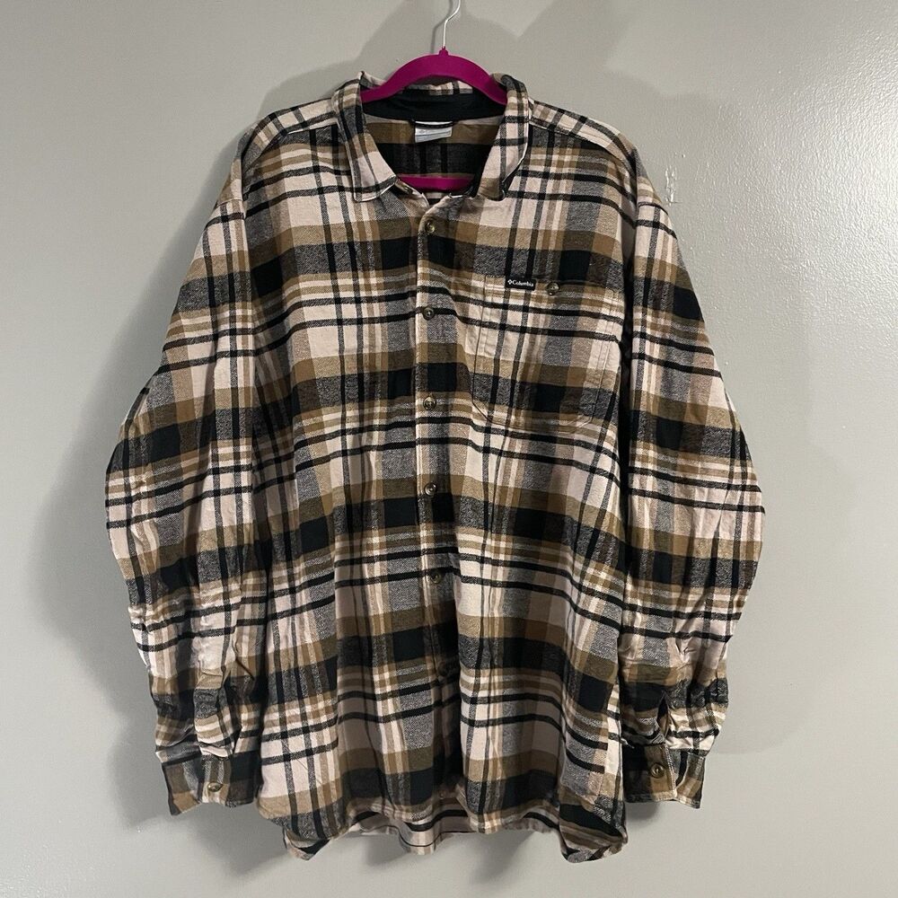 Men’s Columbia Long Sleeve Button Down Shirt Plaid Brown Black Tan XXL